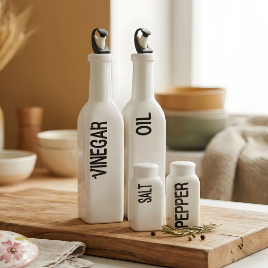 Porcelain Oil Dispenser & Salt Shaker Set - 4 Pcs